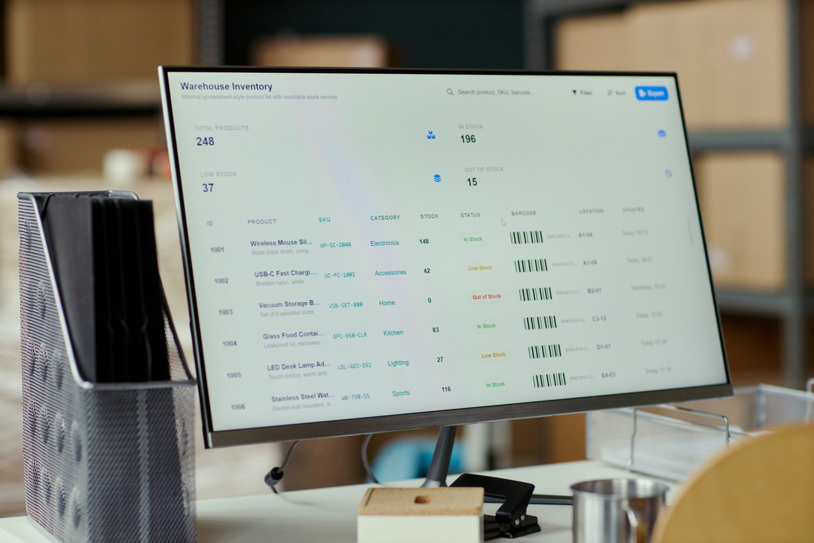 Inventory and supplier data displayed on a monitor, representing CASINDI supplier records