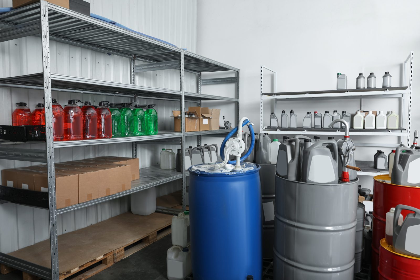 Industrial chemical storage facility with drums and containers, representing commercially available chemicals on CASINDI