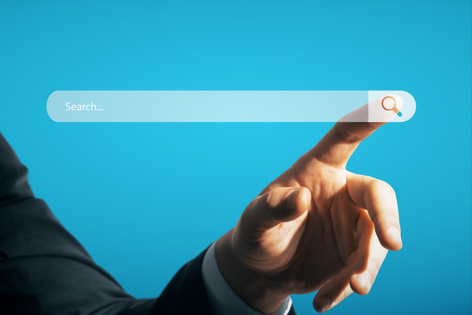 Hand reaching toward a search bar on a blue screen, representing a CAS number search on CASINDI