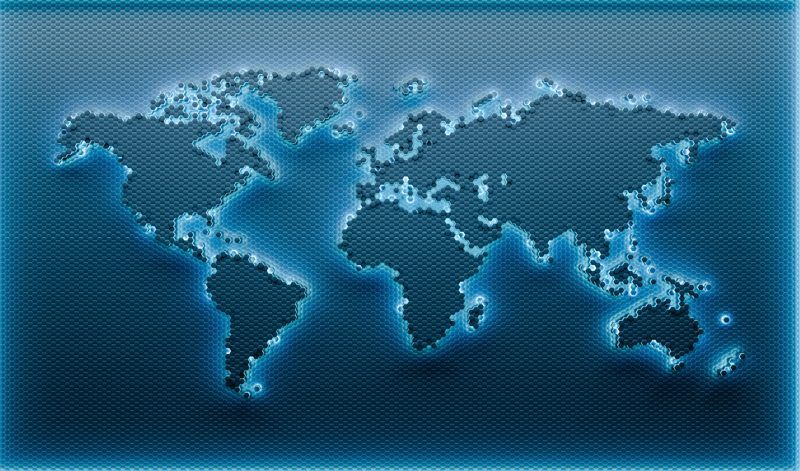 Hexagonal world map in shades of blue