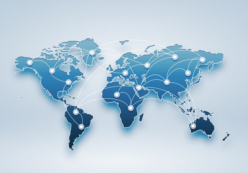 World map with connected points, representing CASINDI's buyers and suppliers across countries